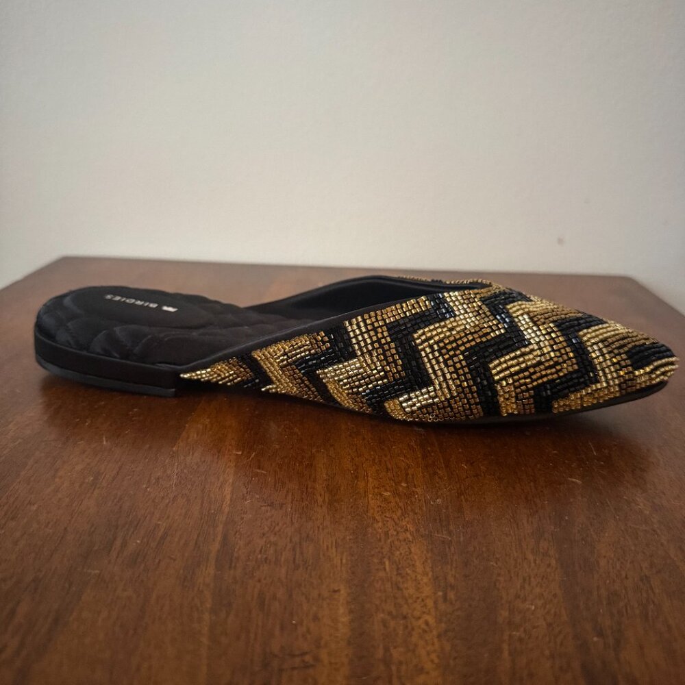Birdies The Swan Beaded Art Deco Chevron Mule Flats in Black and Gold - Picture 3 of 9